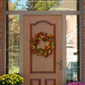 exterior view of wood single entrance door with sidelites and shaped transom featuring glass with grills