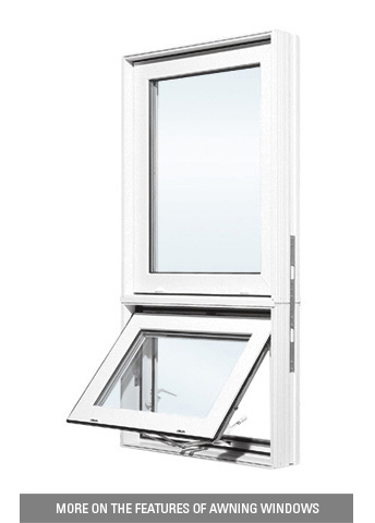 Outside view of a white vinyl awning window showing the lower sash hinged at the top and tilted open at the bottom