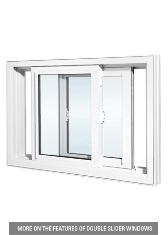 Inside view of a white vinyl double slider window showing both sashes slid open