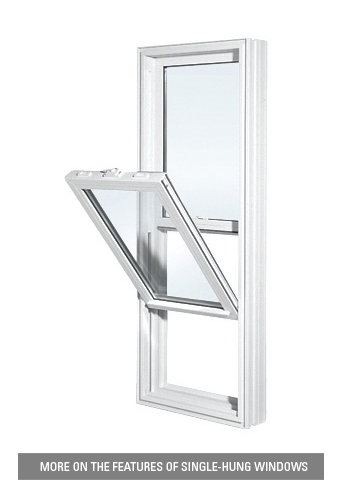 Inside view of a white vinyl single hung window showing the lower sash hinged at the bottom and tilted open at the top