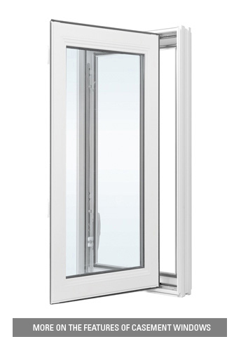 Outside view of a white vinyl casement window showing sash hinged at the right and swung open at the left