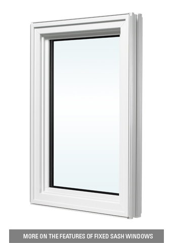 Inside view of white vinyl fixed sash window. Window does not open