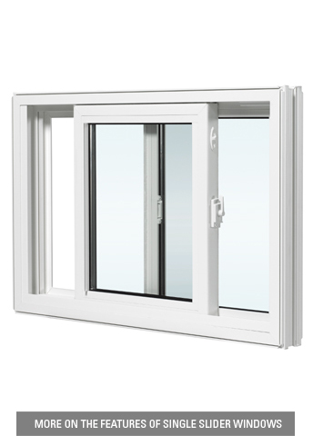 Inside view of a white vinyl single slider window showing one sash slid open to the right