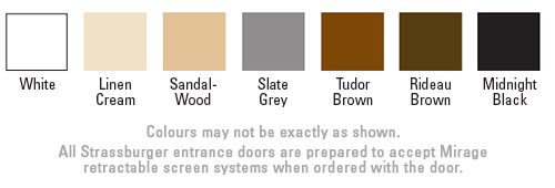 Available colours are indicated below as white, linen cream, sandalwood, slate grey, tudor brown, rideau brown, and midnight black