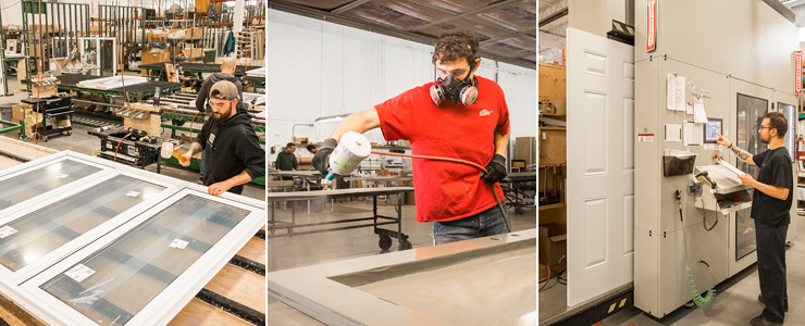  Worker taps in the white vinyl sealing strips with a rubber mallet, Worker wearing a safety respirator sprays paint onto a terrace door frame, Operator keys in the cutting coordinates for the door milling machine