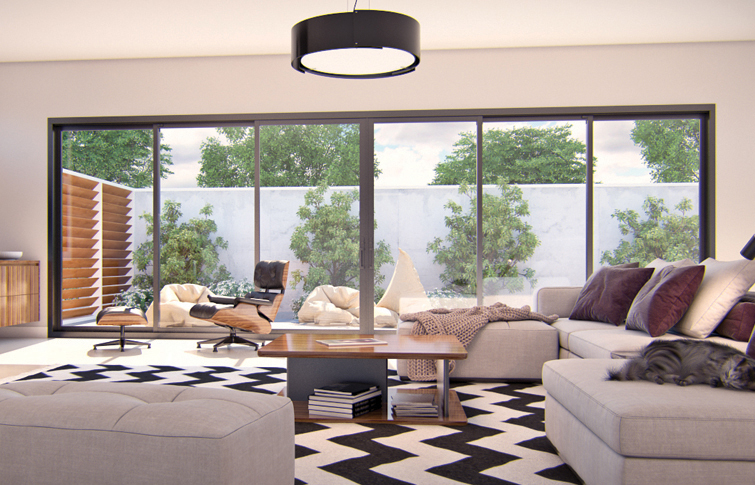 View from a contemporary living room to an enclosed backyard through a large six-panel multi-track patio door