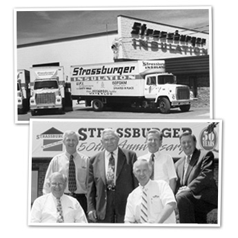 Historical photo of the Strassburger Insulation business building on Colby Drive, Waterloo above group photo of Morgan Strassburger Senior and his five sons