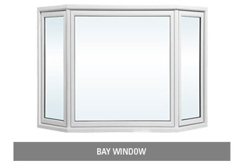 Outside view of white vinyl three sash bay window. Large central pane flanked by equal size panes