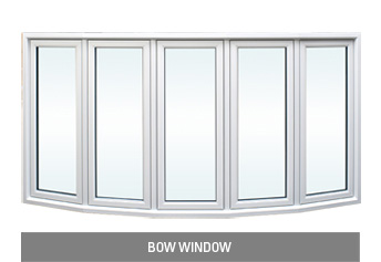 Outside view of white vinyl bow window. Five equal sized sashes mulled together