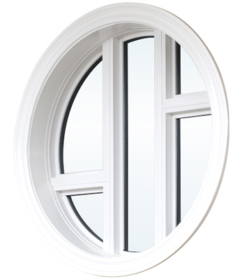 Inside view of circular white vinyl window featuring five individually framed panes of insulated glass contained within the circular frame