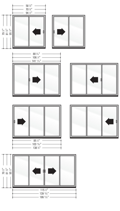 Illustrations showing the sizes and configurations of available patio doors